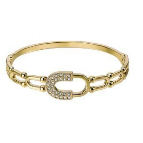 Jewelry - 18K Gold Over Sterling Silver Link Bangle with Crystal Accents